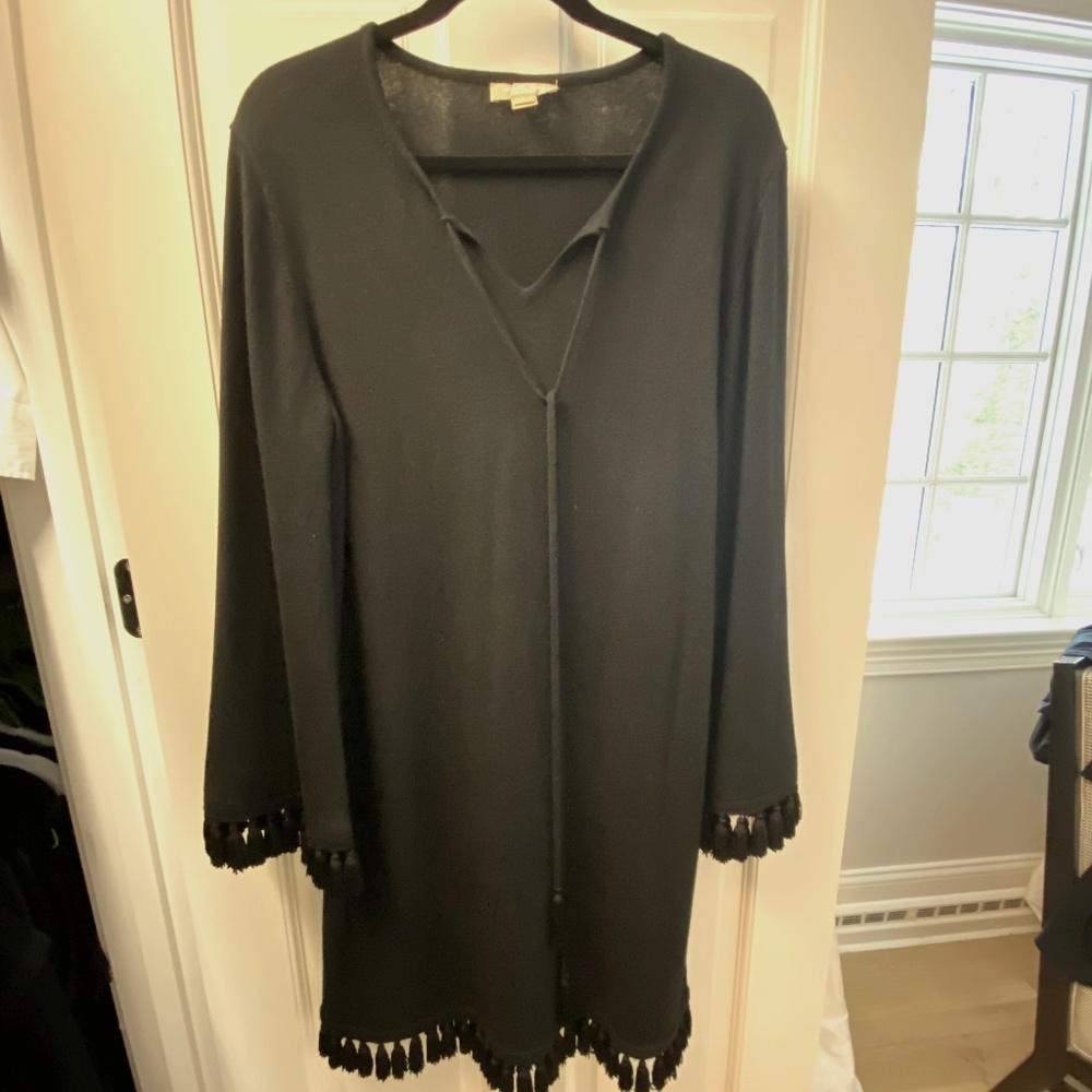 Michael Kors Collection Black Cashmere Tunic Dress with Tassels, Size Large